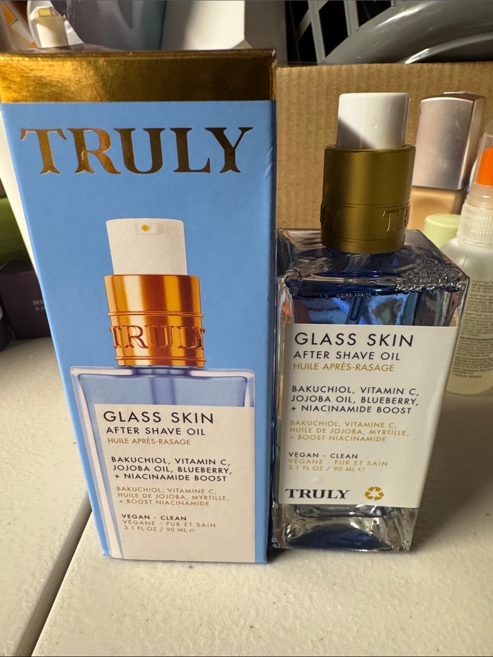 TRULY Glass Skin After Shave Oil – Blue and Gold Packaging